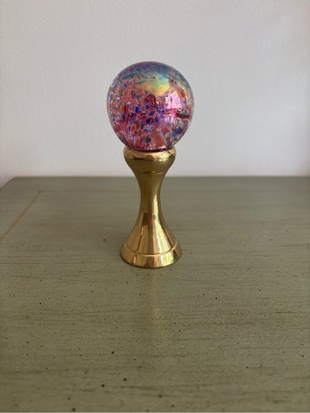 Vintage Pink Iridescent Glass Orb on Brass Stand - Home Art Accent